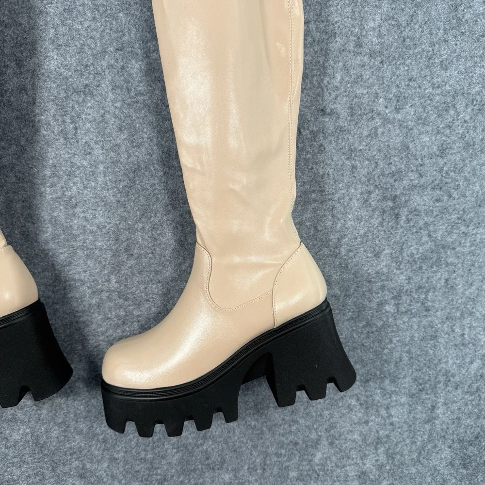 Loverboy Boots Womens 6.5 Over The Knee Block Heel Platform Side Zip Nude Chunky